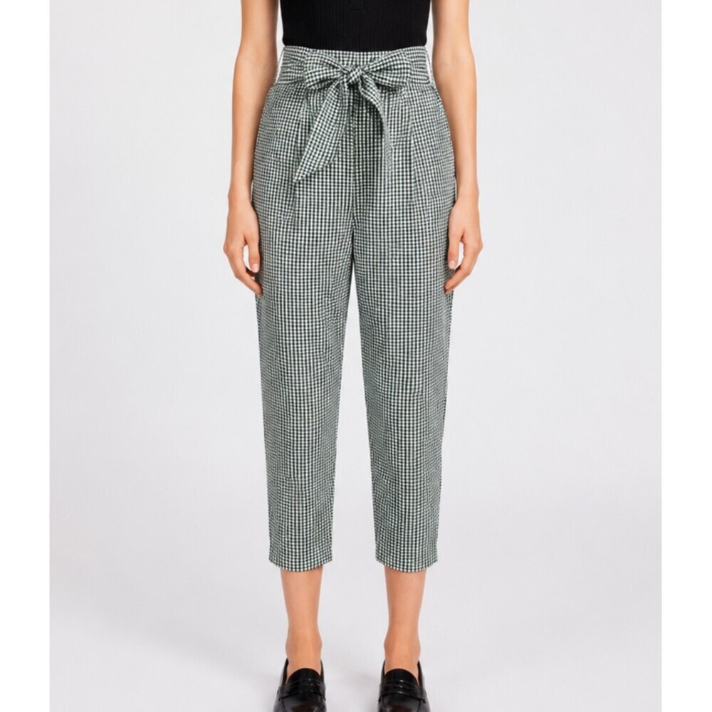 Free People Westside Gingham Seersucker Tie-Waist Pants Black White - Size 2